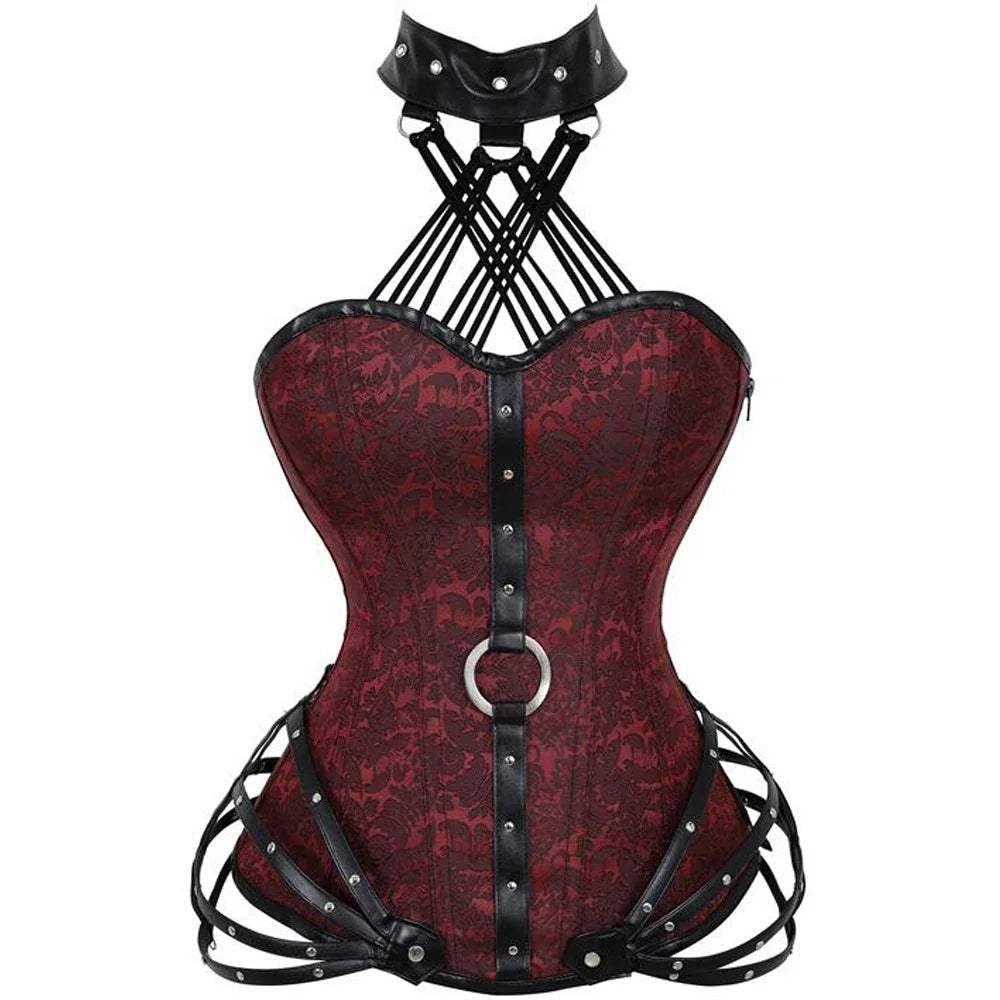 Steampunk Corsets And Bustiers Womens Halter Pu Leather Gothic Punk Corset Zipper Vintage Overbust Burlesque Basque Costume Wofashion.xyz