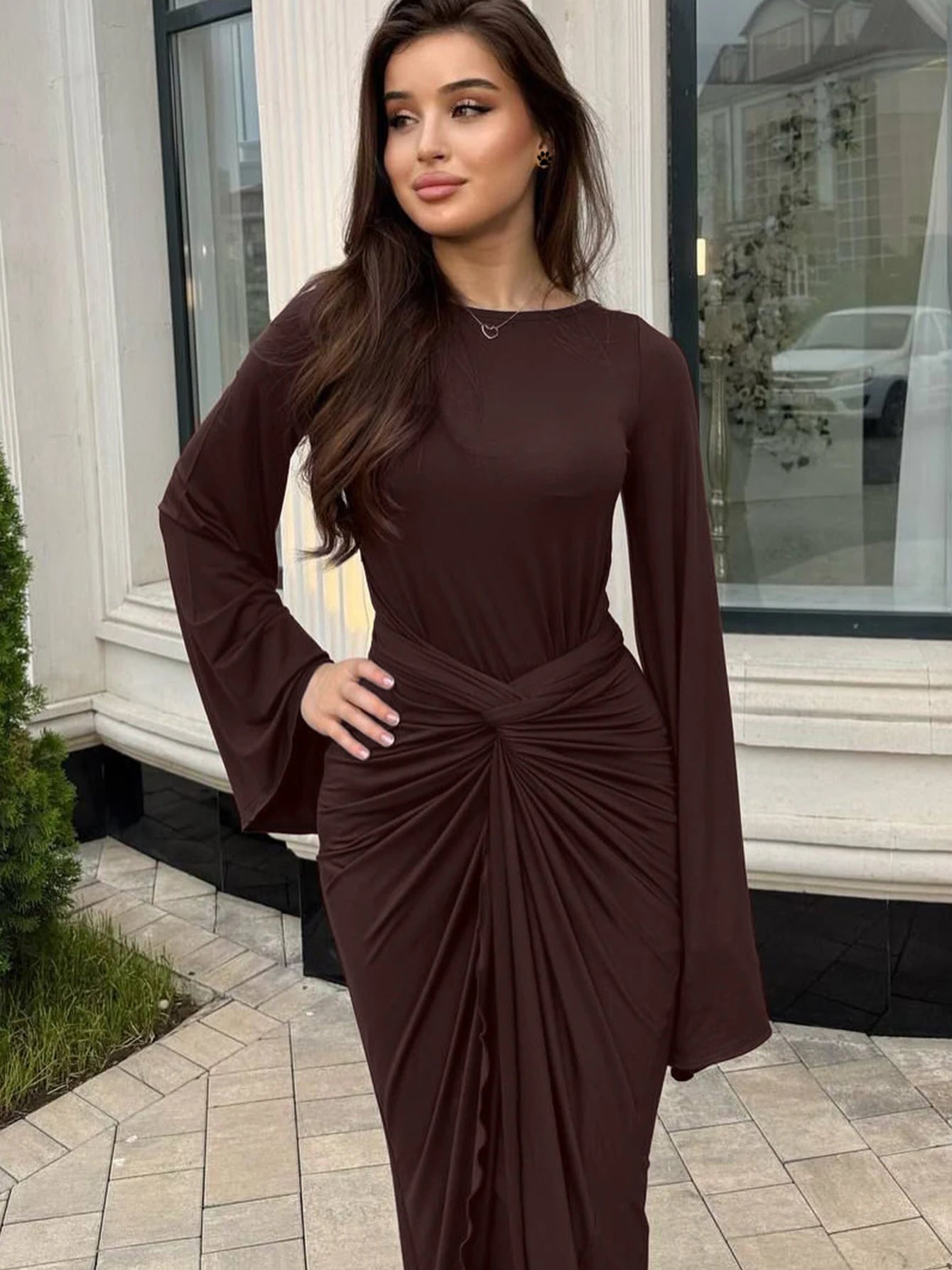 Dulzura Autumn Fashion Elegant O-Neck Long Flare Sleeve Ruched Slim Fit Ribbon Long Dress Women'S Solid Casual Party Club Outfit