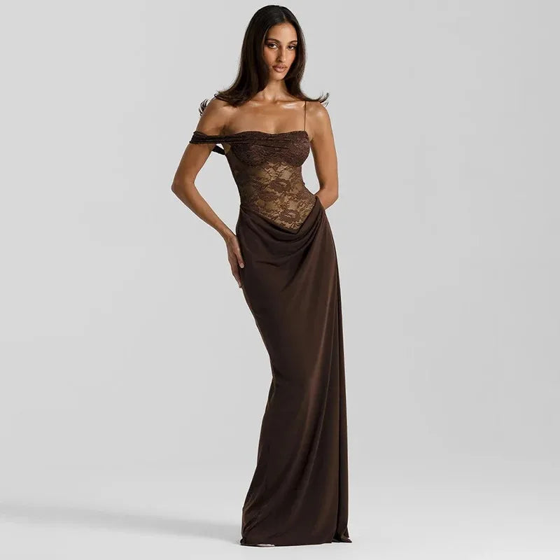 Women One Shoulder Lace See Through Sexy Maxi Dress Gown Fashion Off-shoulder Sleeveless Backless Club Long Dresses