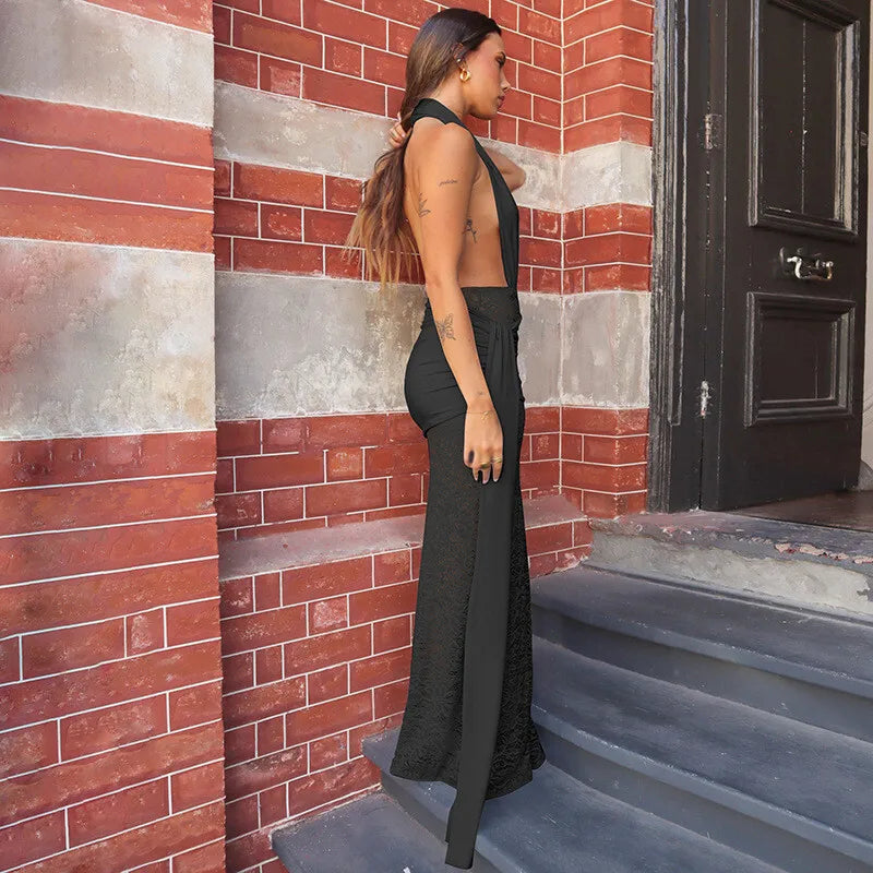 Mozision Halter Deep V Neck Sexy Maxi Dress For Women Elegant Fashion Lace Sleeveless Backless Ruched Bodycon Club Long Dress