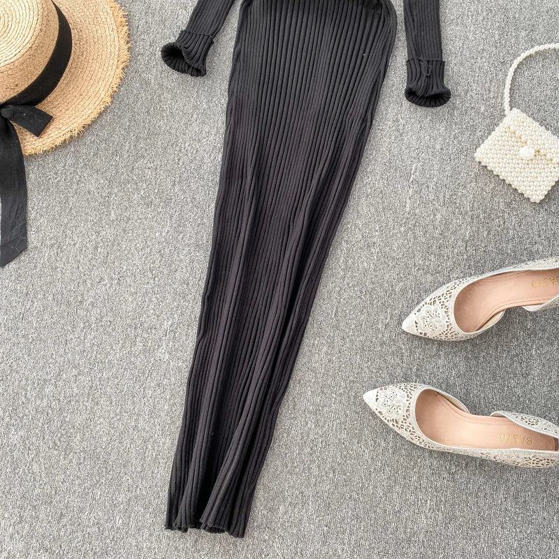 Women's Knitted Midi Dr Pure Color Long Sve Slim Fit High Waist V-Ne Korean Sle Faionable Autumn Winter Dr