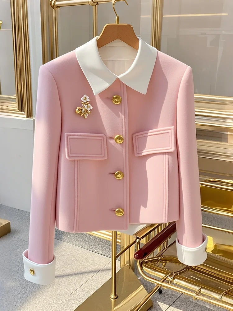 New Autumn And Winter 2025 Pink Padded Single-Breasted Women's Woolen Coat Unique Korean Version Temperament Ladies Jacket