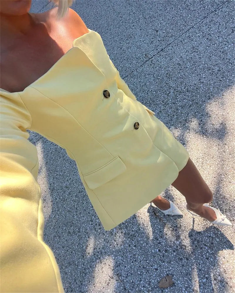 Mozision Off-shoulder Strapless Sexy Blazer Dress For Women Fashion Solid Zipper Two Pocket Long Sleeve Backless Mini Dress