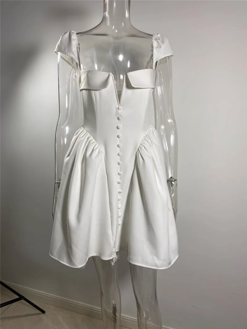 Mozision White Backless Sexy Mini Dress For Women Fashion Square Collar Short Sleeve High Waist A-line Club Party Sexy Dress