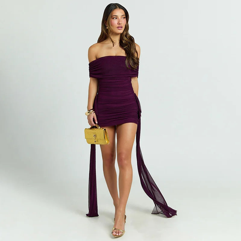 Mozision Off-shoulder Strapless Sexy Mini Dress Women Fashion Mesh Sleeveless Backless Draped Ruched Club Party Dress Female