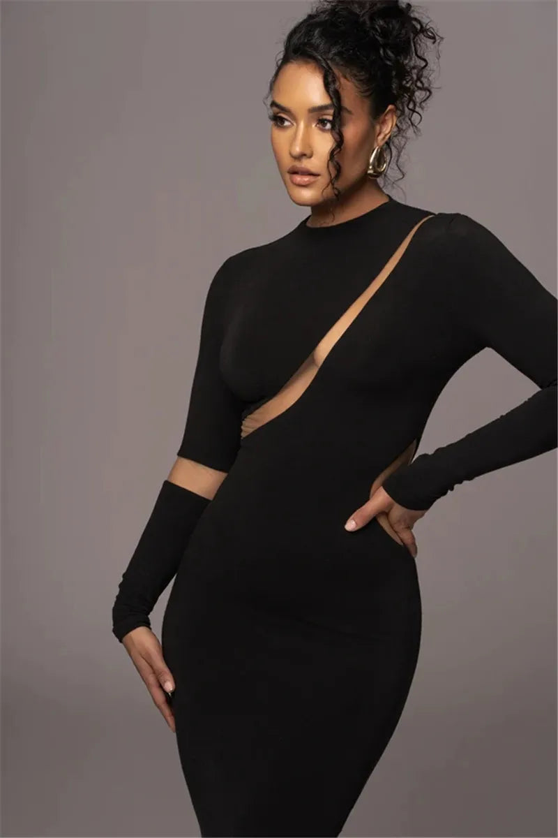 Mozision Turtleneck Long Sleeve Bodycon Maxi Dress For Women Autumn New Patchwork Hollow Out Club Party Sexy Long Dress Vestidos