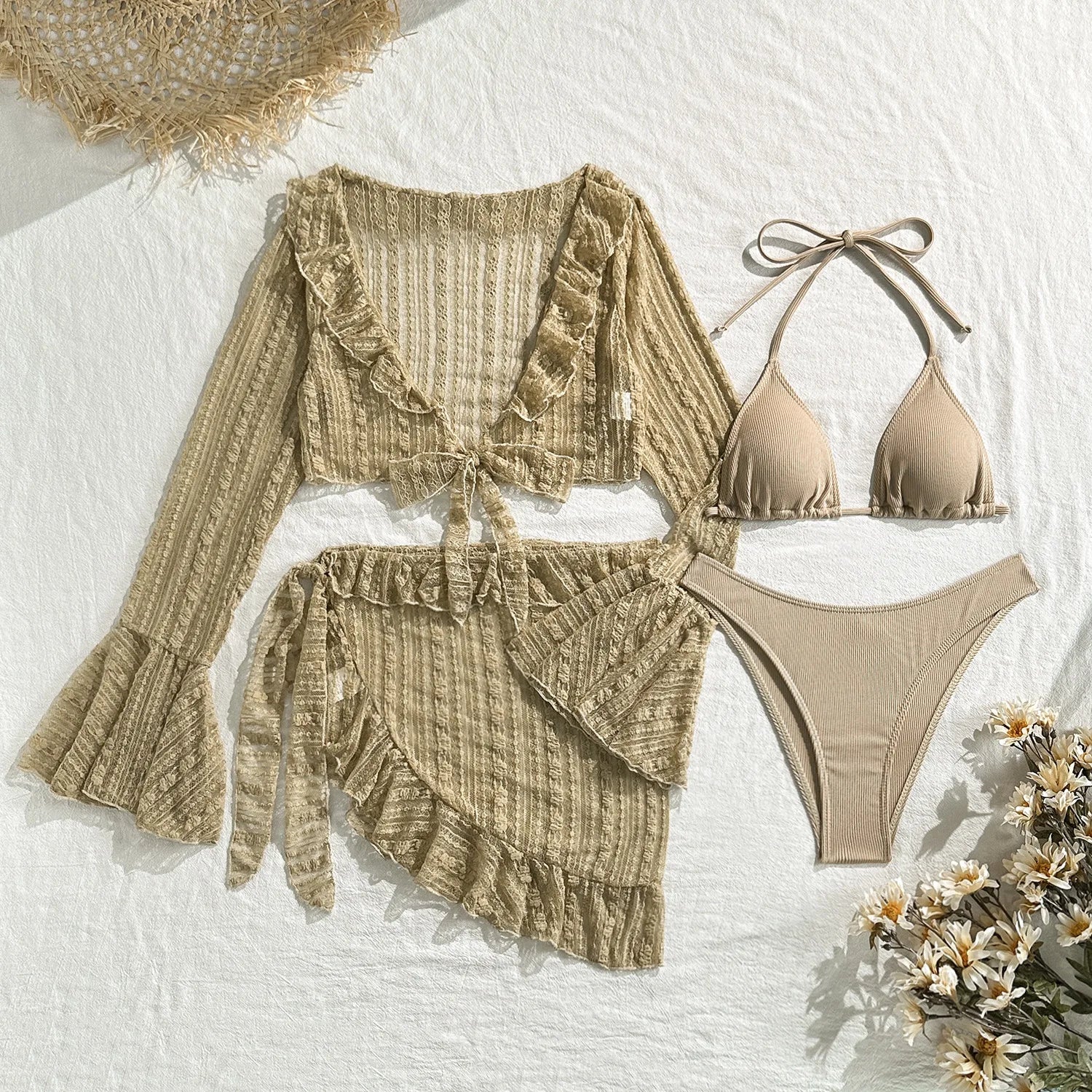 2025 new lace mesh four-piece swimsuit split bikini swimsuit