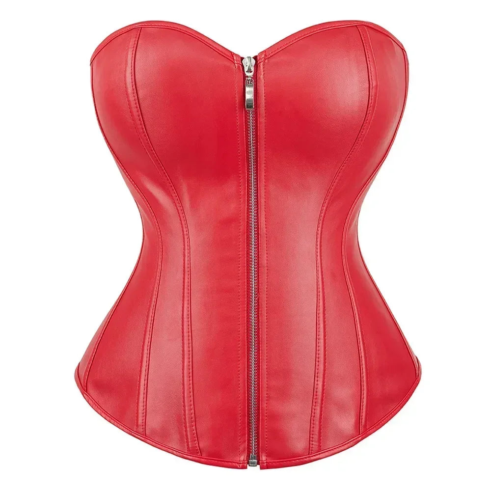 Zipper Shiny Leather Corset Tops Women Overbust Bustier Lace-up Boned Shapewear Lingerie Strapless Sweetheart Corselet