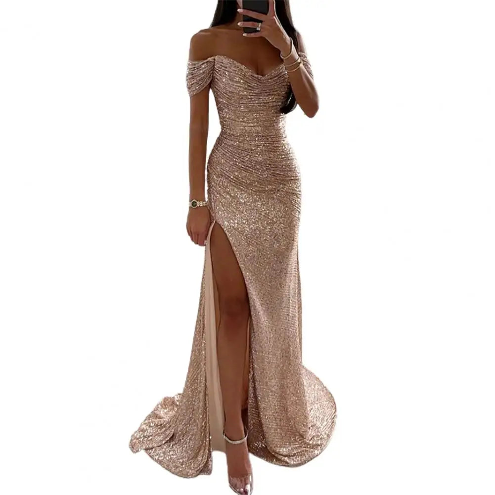 2025 Elegant Off-shoulder Gown Dress V-Neck Sequin Pleated Short Sleeve Waist Tight Maxi Dress Split Evening Party Prom Dress