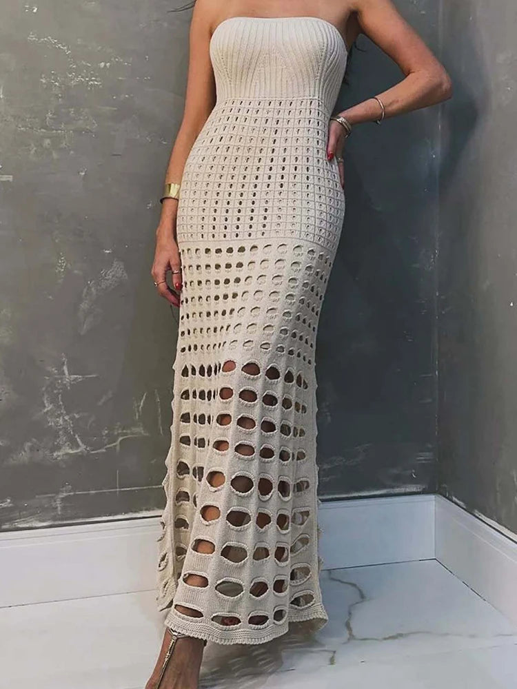 Mozision Strapless Off-shoulder Hollow Out Knit Maxi Dress For Women Gown Fashion Sleeveless Backless Beach Skinny Long Dress