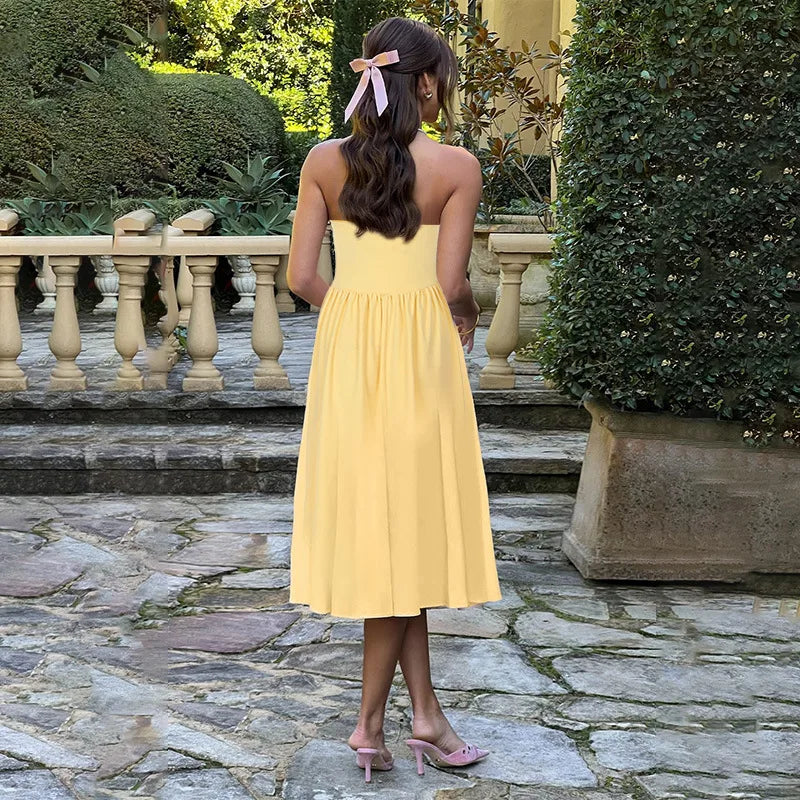 NIDANSSI Yellow Strapless Backless Evening Party Dress Women Pleated Bodycon Elegant Sexy Dress Midi Long Summer Dress Vestidos