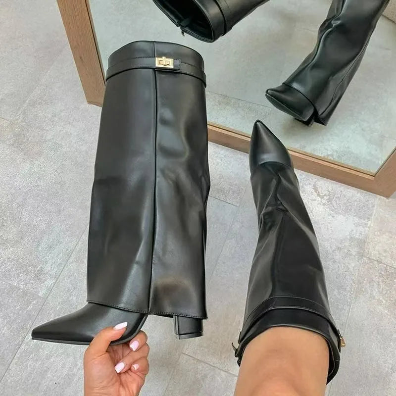 European and American Autumn and Winter New Pointed Straight Leg Skirt Boots for Women, Large Size Thick High Heels Pants Boots