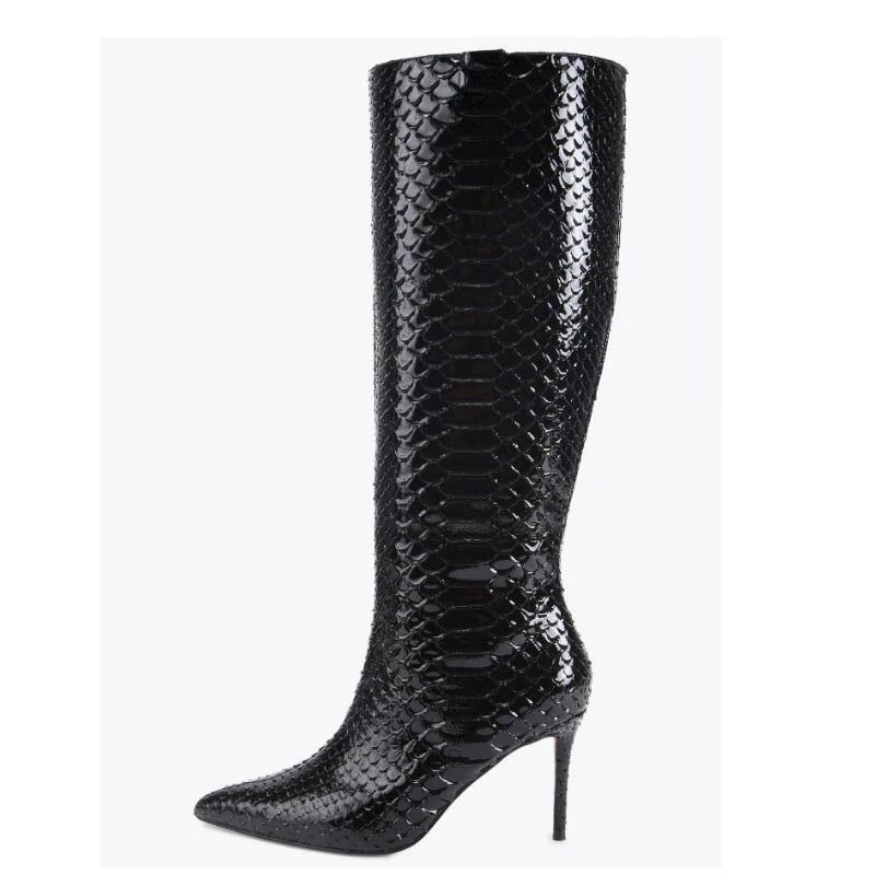 European and American Women's High-heeled Snake Patterned Pointed Side Zipper High Boots, Oversized Slimming Knee High Boots
