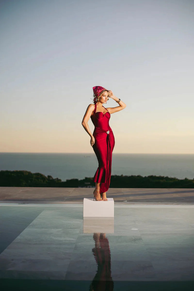 Mozision Satin Backless Draped Sexy Maxi Dress Women Fashion Sequins Halter Sleeveless Ruched Bodycon Club Party Long Dresses