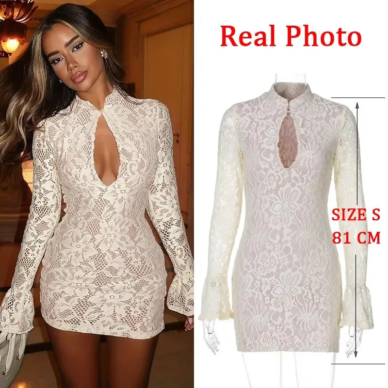 NIDANSSI White Lace Lining Hollow Out Autumn Dress Women 2024 Robes Elegant Evening Party Dress Bodycon Mini Dress Vestidos