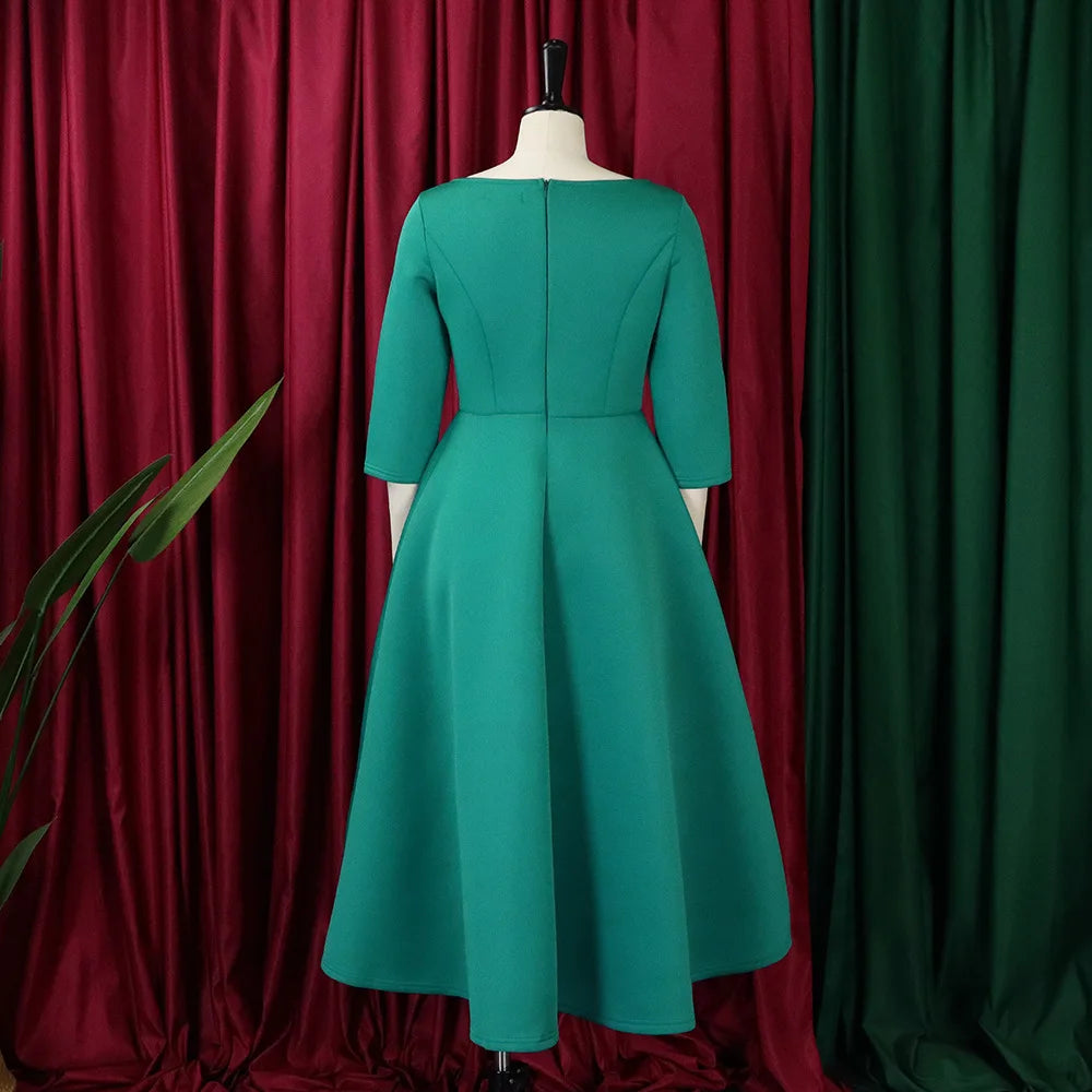 Elegant Party Dress for Woman 2024 Modern O Neck Three Quarter Sleeve High Waisted A Line Mid Calf Birthday Dinner Wedding Cloth