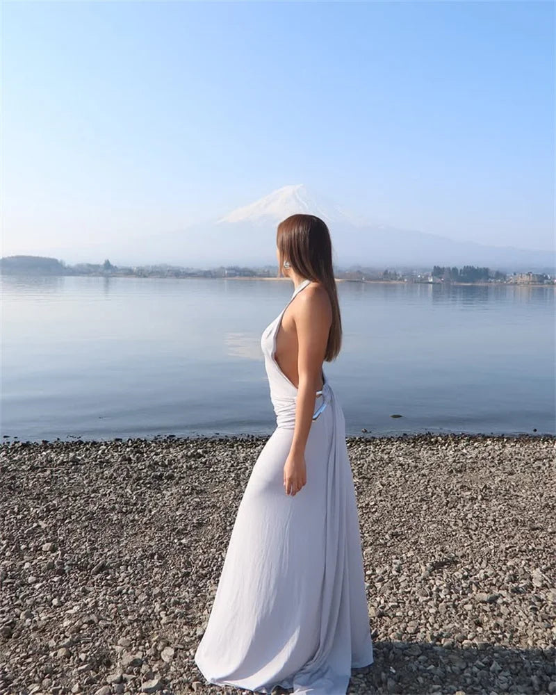 Mozision One Shoulder Backless Sexy Maxi Dress Women Gown Fashion Metal Buckle Diagonal Collar Sleeveless Draped Club Long Dress