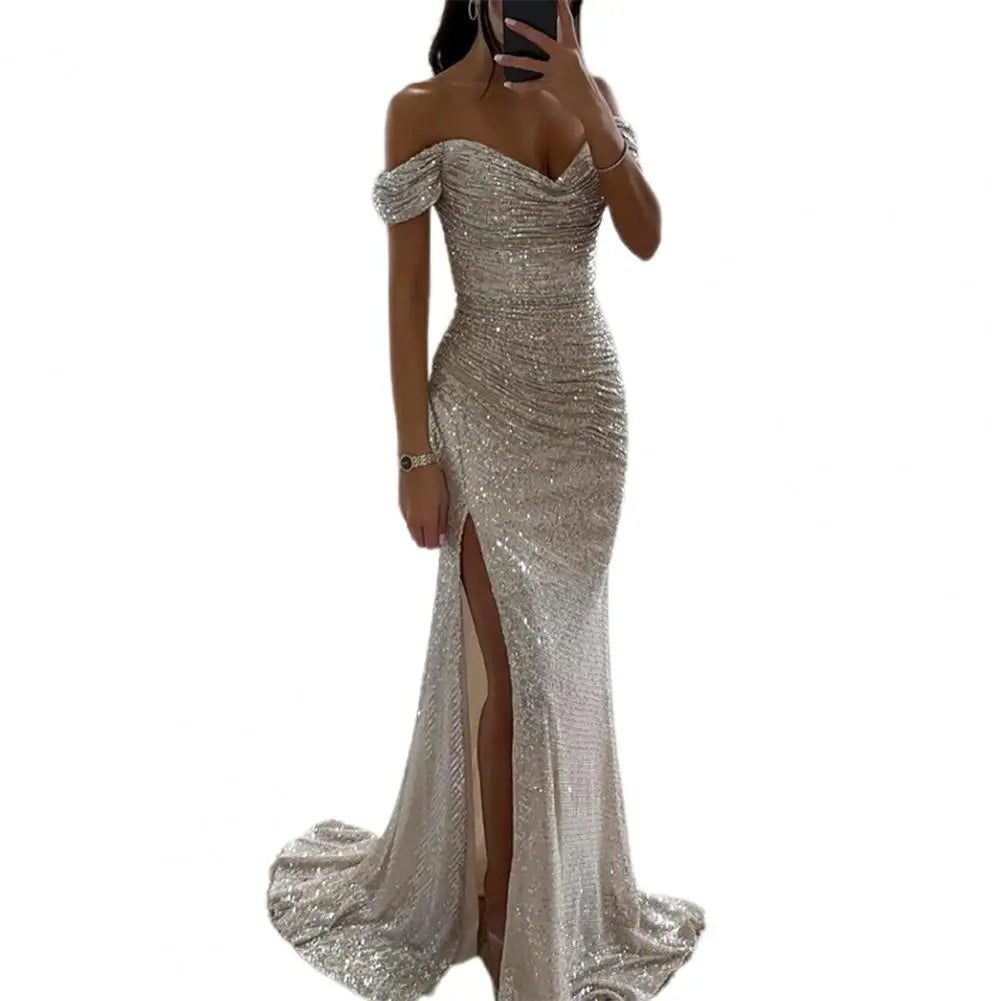 2025 Elegant Off-shoulder Gown Dress V-Neck Sequin Pleated Short Sleeve Waist Tight Maxi Dress Split Evening Party Prom Dress