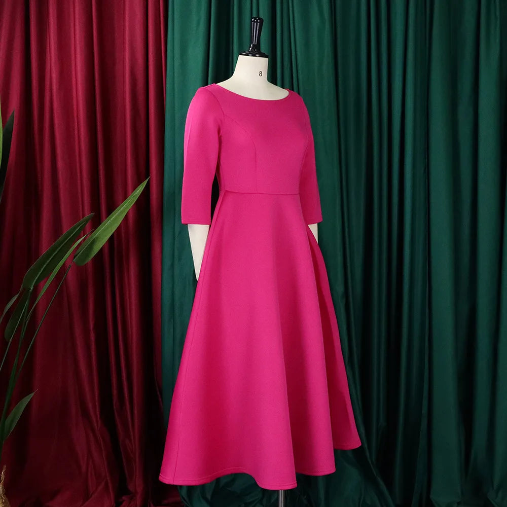 Elegant Party Dress for Woman 2024 Modern O Neck Three Quarter Sleeve High Waisted A Line Mid Calf Birthday Dinner Wedding Cloth