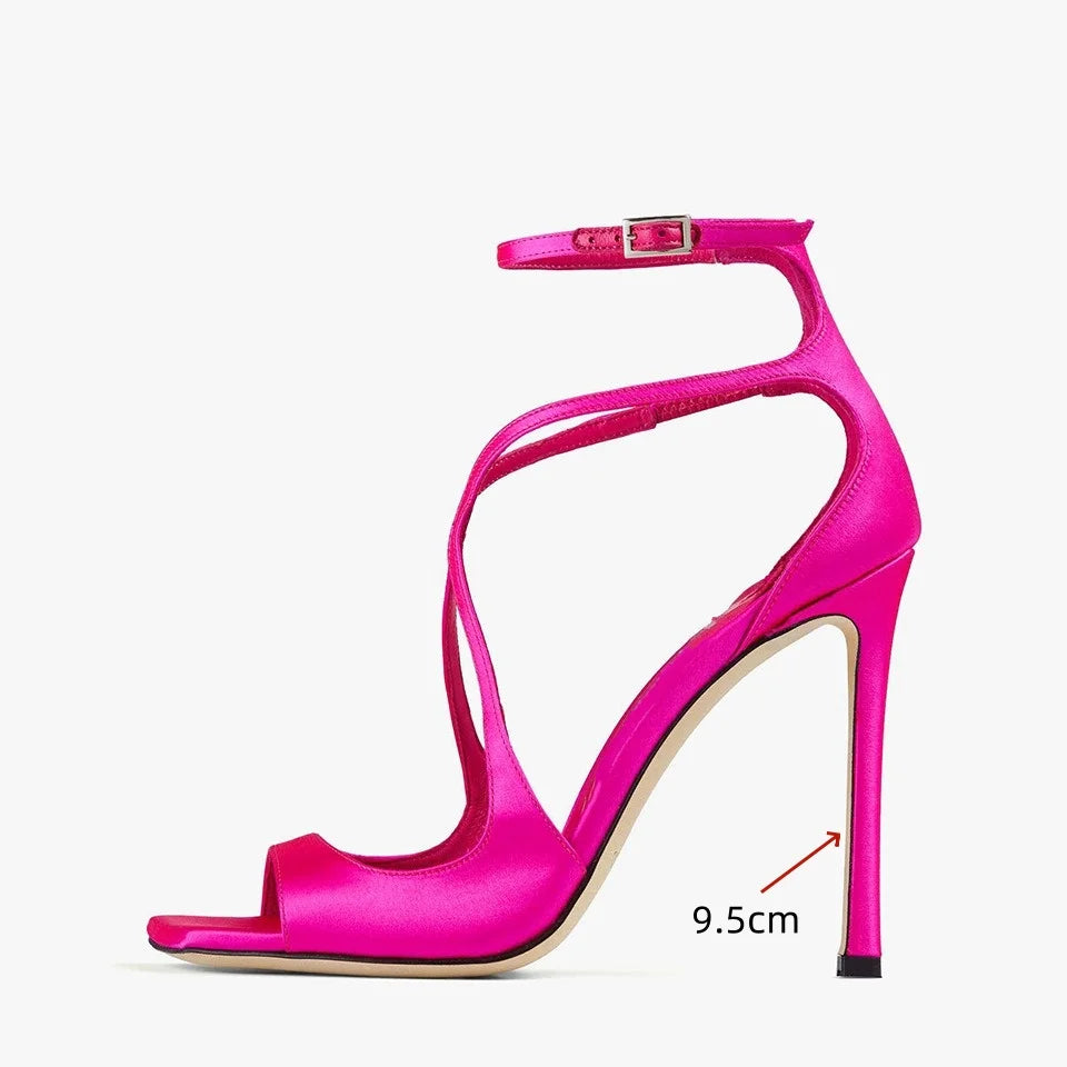 2025 Women's Spring/Summer New Style Glitter Material Fairy Style Cross Buckle with Stiletto High Heels and Open Toed Sandals