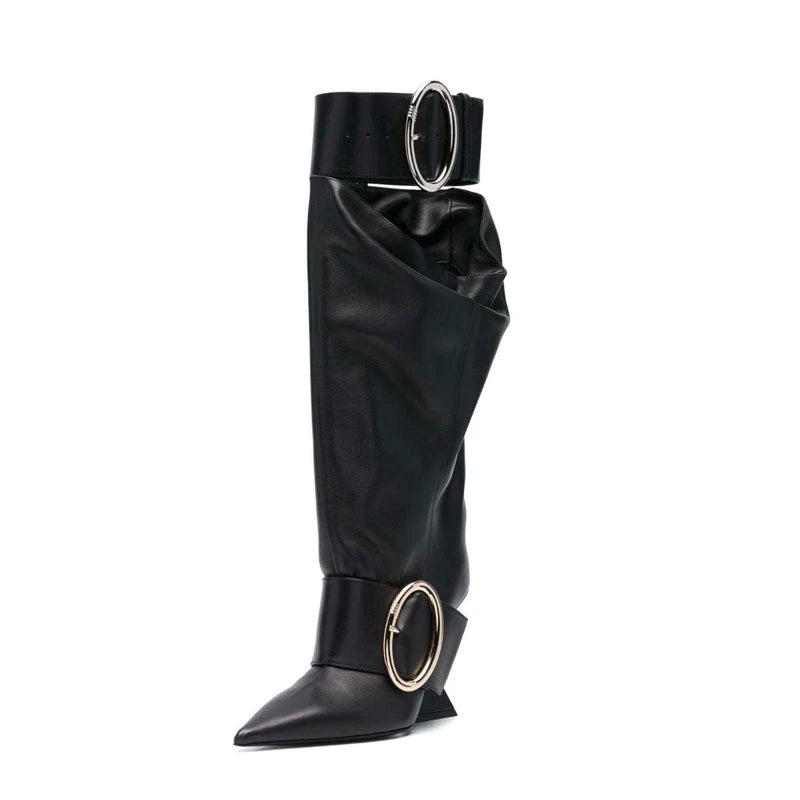 2023 European and American Designer Brand Runway Boots, Women's Fashion Belt Buckle Decoration, Irregular Heel Sleeve Boots Wofashion.xyz