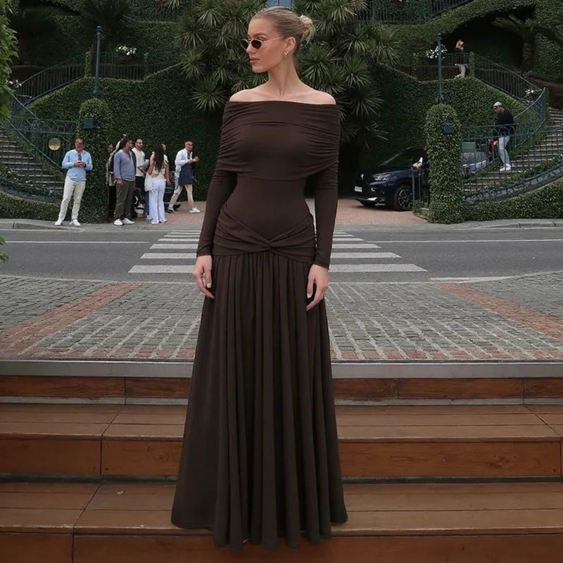 Dulzura Off Shoulder Long Sleeve Backless Ruched Slim Fit Pleated Long Dress Women'S Solid Sexy Dress Clothes Party Club Clothes