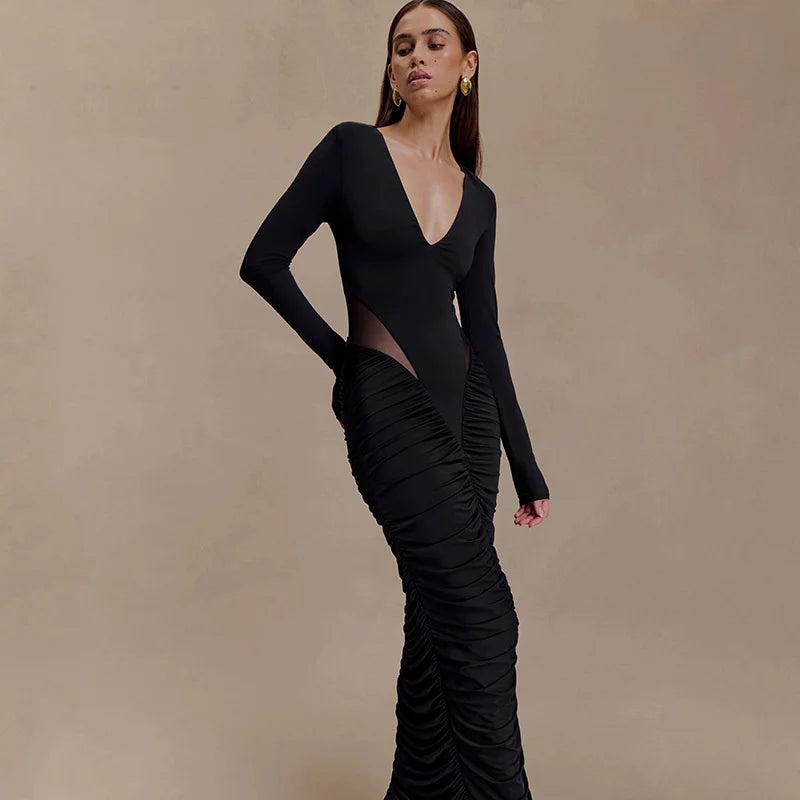 Blifanbo Elegan Deep V Neck Bodycon Maxi Dress Women High Waist Pleated Long Sleeve Solid Patchwork Club Party Long Dress Autumn