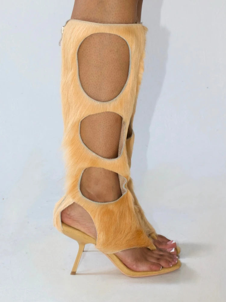 Luxury Cut-Out Knee-High Boots - Genuine Horsehair Leather Stiletto Heels with Rear Zipper | European Fashion Women's Shoes