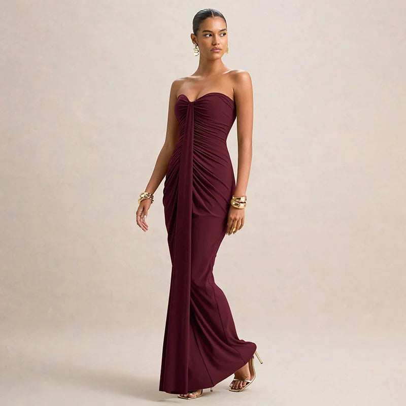 Mozision Off-shoulder Strapless Sexy Maxi Dress Women Gown Elegant Sleeveless Backless Bodycon Draped Ruched Club Party Dress