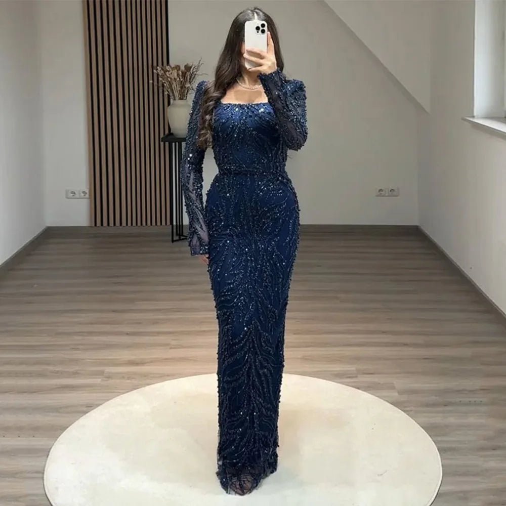 Sparkling Evening Dress Customized Square Neck Full Sleeves Beading Sequined Sheath Pageant Party Gown Formal Prom Dresses Wofashion.xyz