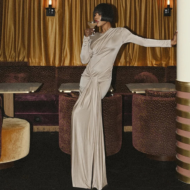 Mozision Long Sleeve Draped Ruched Sexy Maxi Dress Women Gown Elegant O Neck High Waist Bodycon Club Party Long Dresses Female