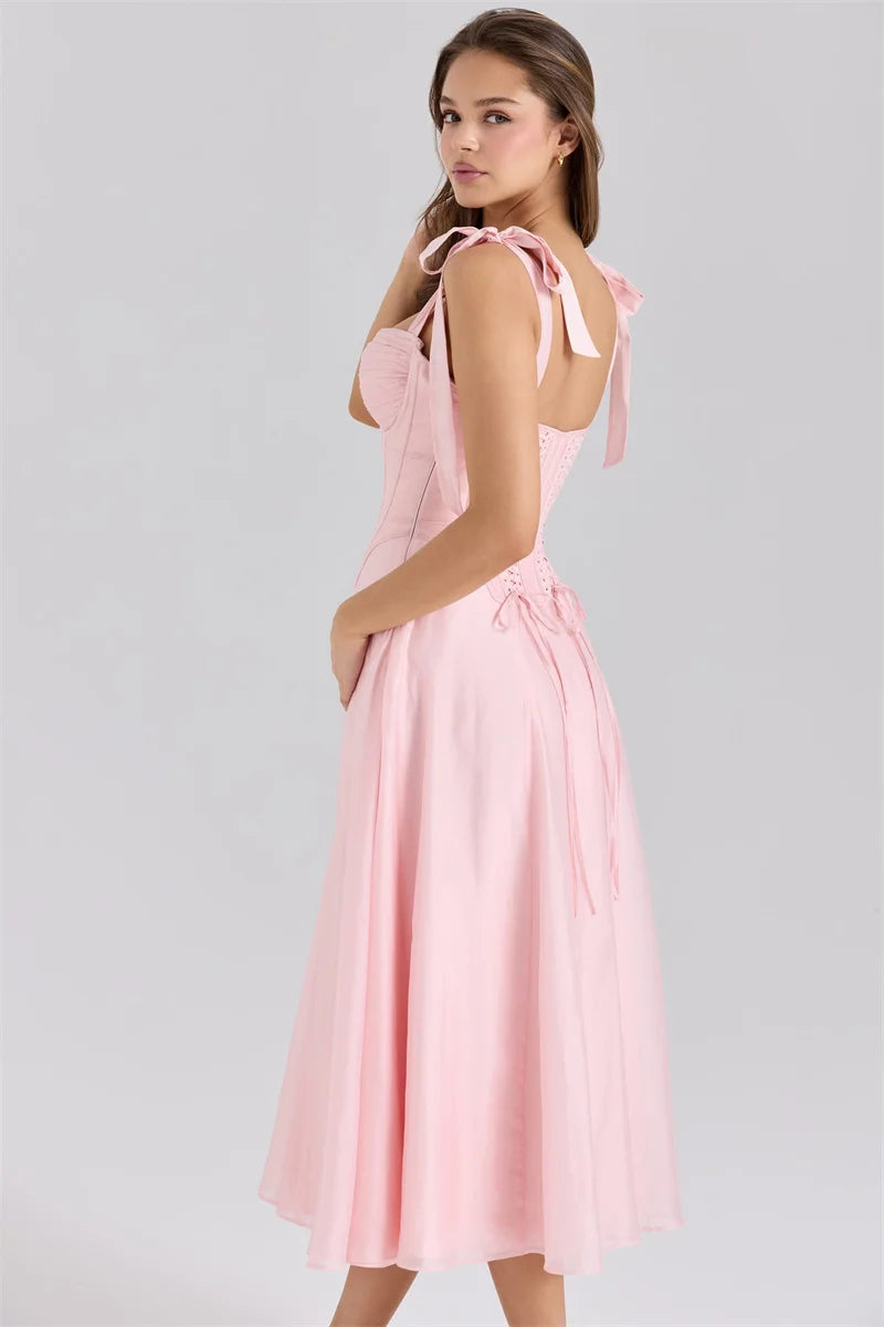 Mozision Pink Chiffon Tie Strap Sexy Midi Dress Women Pink Spaghetti Strap Sleeveless Backless Lace-up A-line Club Party Dress