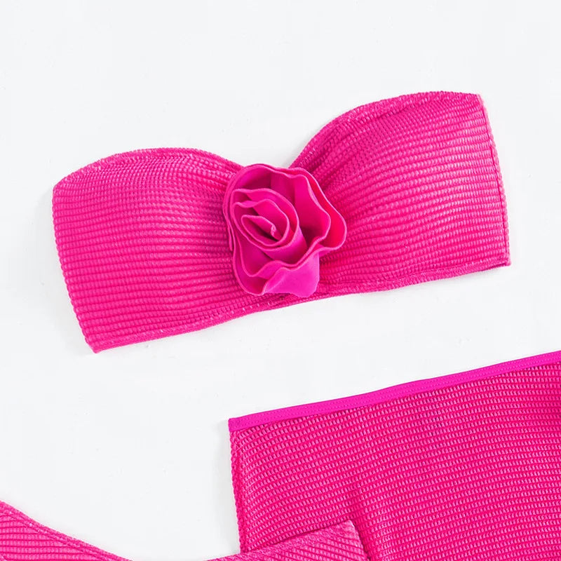 Rose Red 3D Flower Bandeau Bikinis Sets 2025 Sexy Swimsuit Cover Ups Women Skirts Swimwear 3 Piece Bikini Set Beachwear Bather