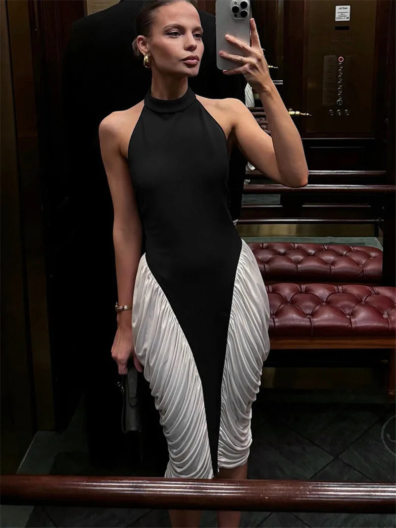 Mozision Patchwork Halter Backless Sexy Midi Dress Women Gown Elegant Fashion Contrast Color Sleeveless Pleated Long Dress