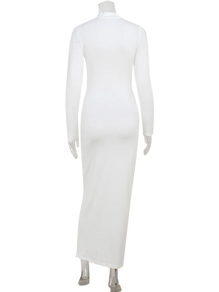 Ahagaga Fashion Women's Party Dresses Solid Hollow Out Turtleneck Regular Long Sleeve Sheath Bodycon Causal Female Vestidos Robe