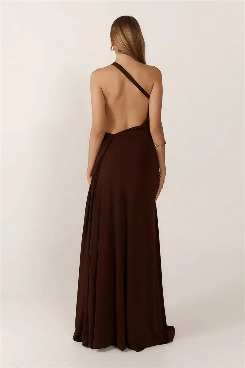 Mozision One Shoulder Backless Sexy Maxi Dress Women Gown Fashion Metal Buckle Diagonal Collar Sleeveless Draped Club Long Dress