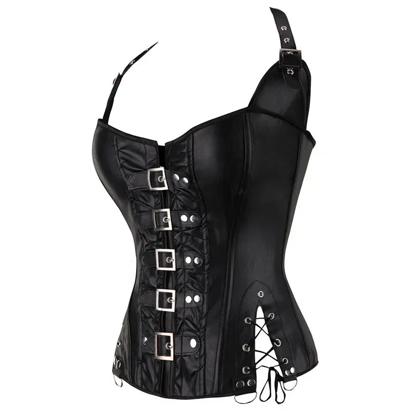 Steampunk Corsets And Bustiers Sexy Halterneck Synthetic Leather Gothic Punk Corset Top Women Outwear Corselet