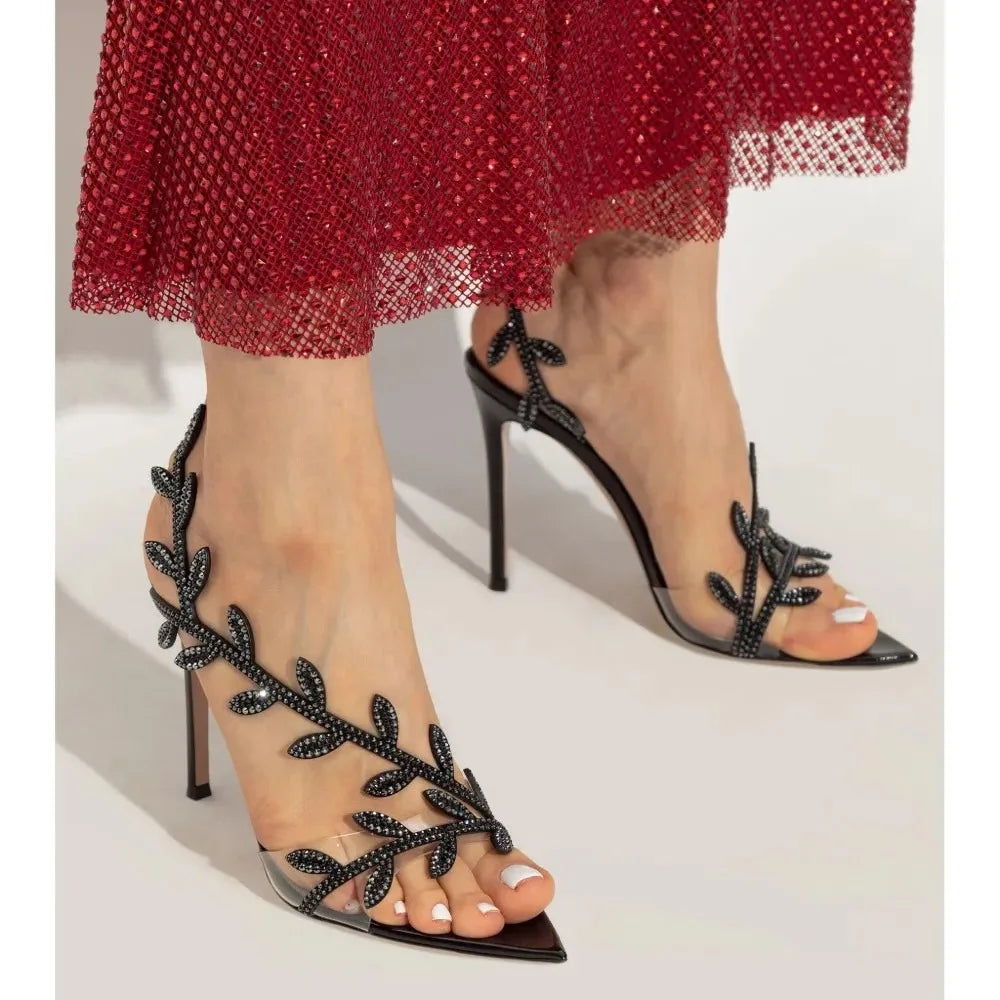 2025 Women's Summer New Style Lacquer Leather Leaf Fairy Style Strap Stiletto High Heels Pointed Open Toe Fashion Sandals