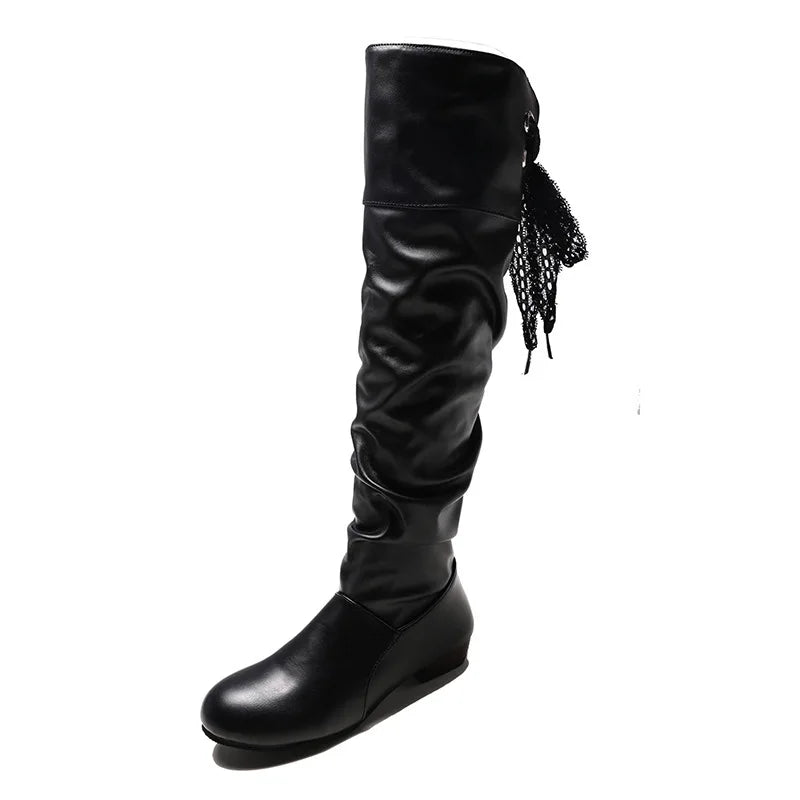 Shoes for Women 2023 Spring Knee High Boots Red Black White Tall Boots Woman Pleated Low Heel Casual Leather Female Long Shoes