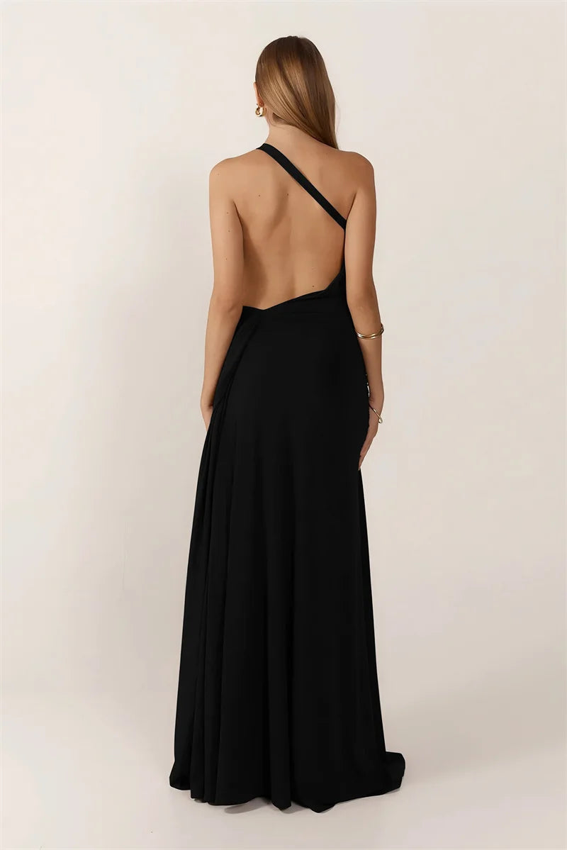 Mozision One Shoulder Backless Sexy Maxi Dress Women Gown Fashion Metal Buckle Diagonal Collar Sleeveless Draped Club Long Dress