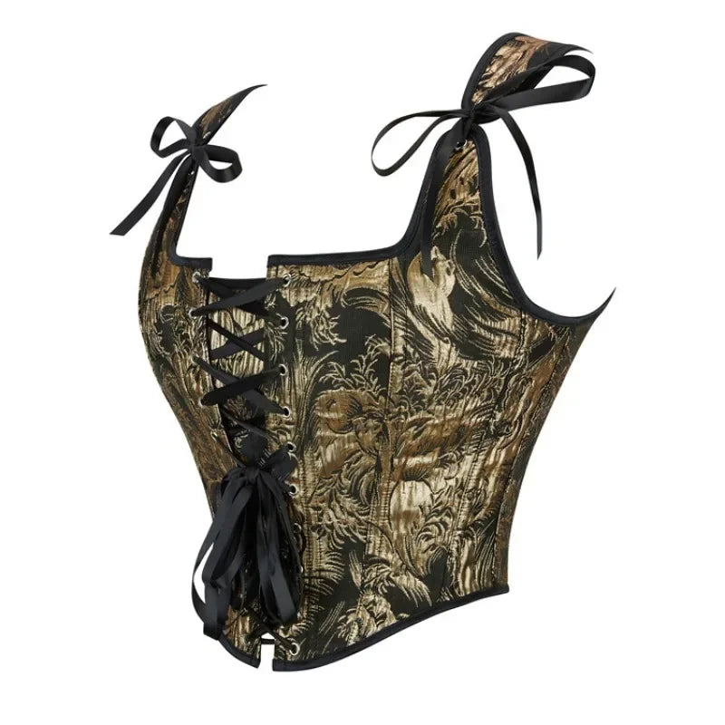 Women Sexy Corset Crop Top Vintage Jacquard Overbust Bustier with Strap Gothic Brocade Corselet Vest Tank
