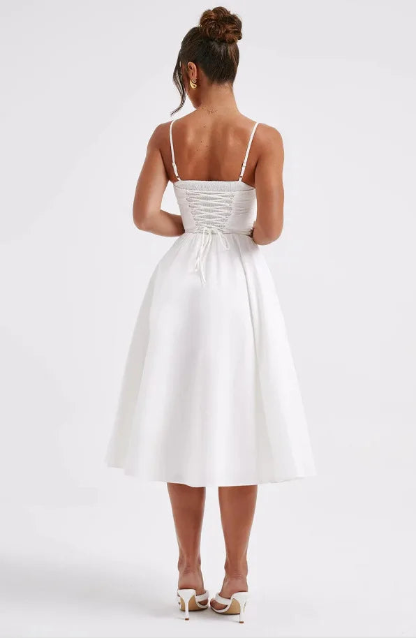 NIDANSSI White Slim Backless Robes Evening Party Dress Women Pleated Bodycon Elegant Sexy Dress Midi Long Summer Dress Vestidos