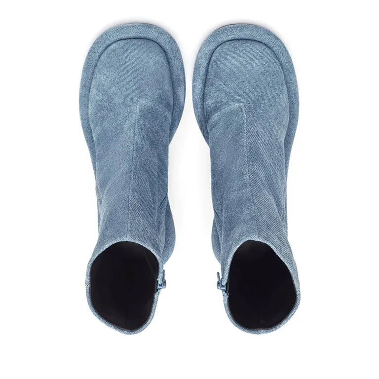 European and American Trend Retro Denim Slim High Heels Round Toe Short Boots for Women Sexy Side Zipper Fashion Banquet Shoes