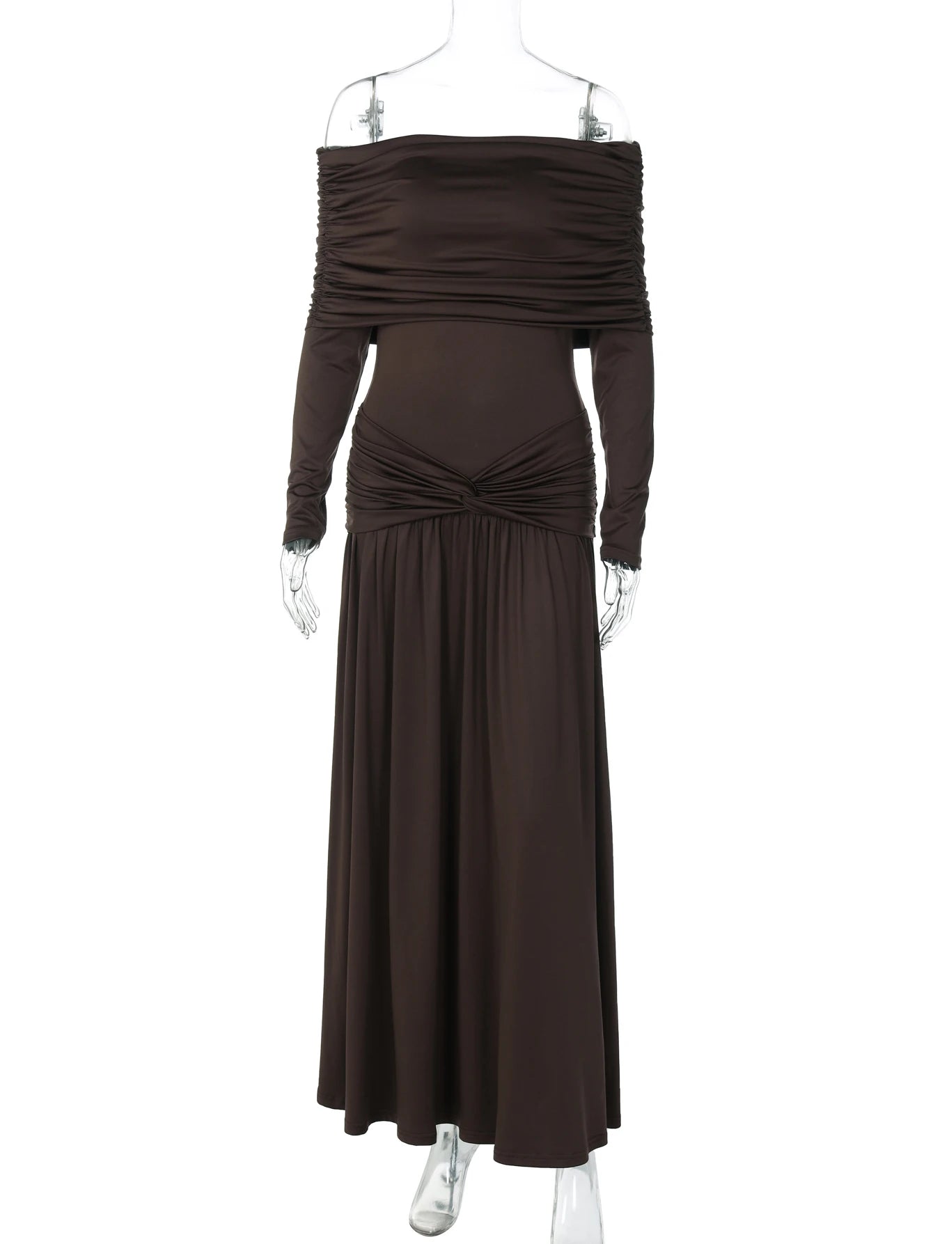 Dulzura Off Shoulder Long Sleeve Backless Ruched Slim Fit Pleated Long Dress Women'S Solid Sexy Dress Clothes Party Club Clothes