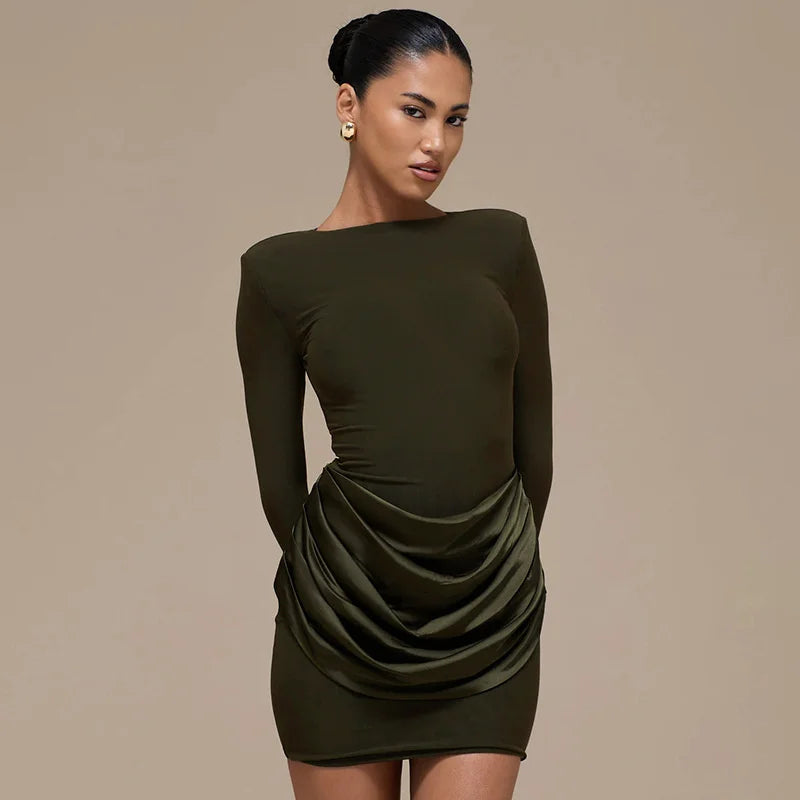 Mozision Long Sleeve Ruched Sexy Mini Dress Women Gown Elegant Satin Patchwork O Neck High Waist Club Party Dresses Fashion