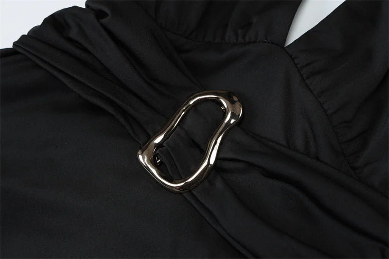 Mozision Deep V-neck Lace-up Sexy Maxi Dress For Women Metal Buckle Off-shoulder Sleeveless Backless Fashion Club Party Dress