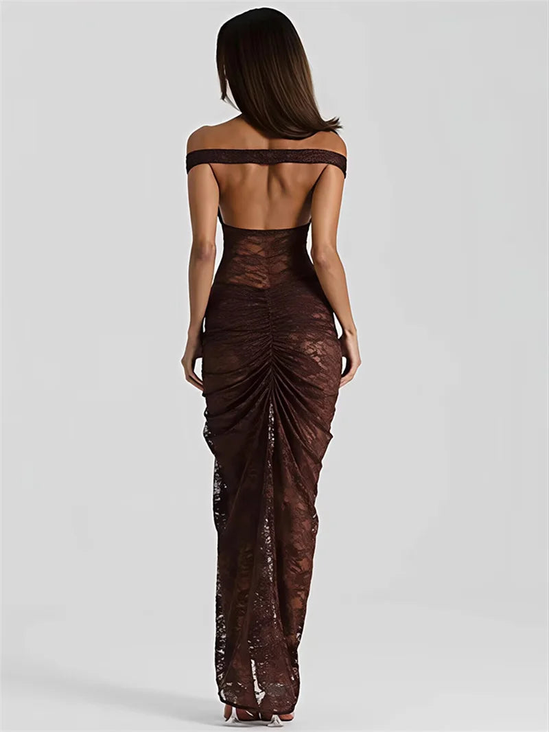 Mozision Lace See Through Sexy Two Piece Set Women Elegant Off-shoulder Backless Bodysuit And Maxi Skirt Matching Club Dress Set