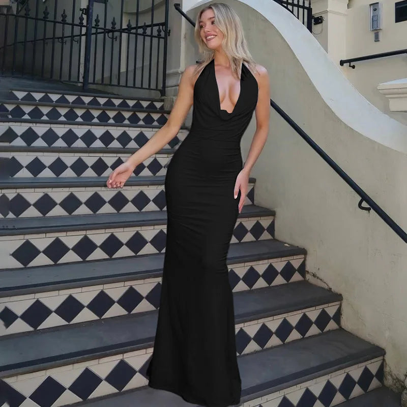 Mozision Deep V-neck Lace-up Sexy Maxi Dress For Women Elegant Off-shoulder Sleeveless Halter Fashion Backless Club Party Dress