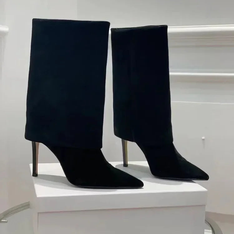 European and American Style High-heeled Wide Tube Sleeve Skirt Boots for Women, Niche Stone Patterned Fashion Banquet Shoes