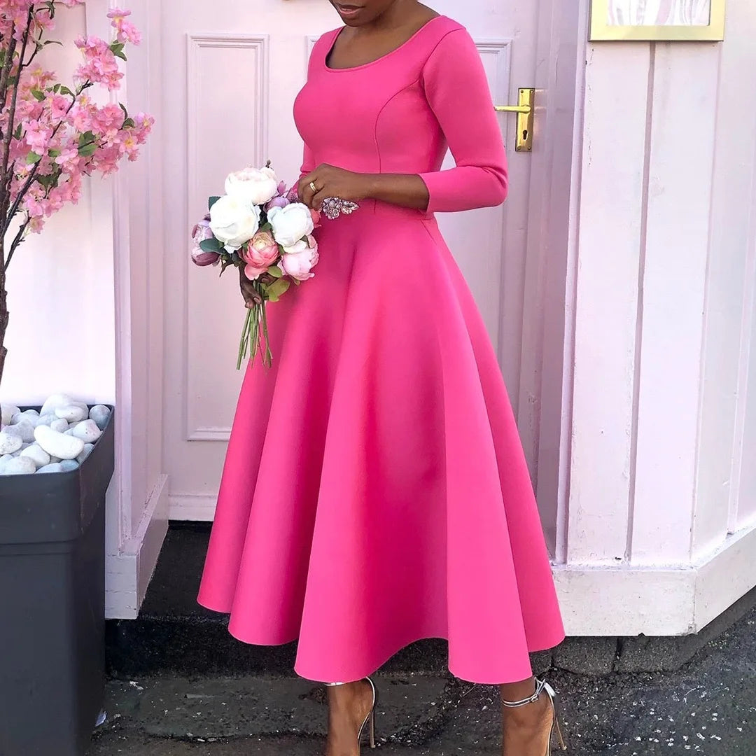 Elegant Party Dress for Woman 2024 Modern O Neck Three Quarter Sleeve High Waisted A Line Mid Calf Birthday Dinner Wedding Cloth